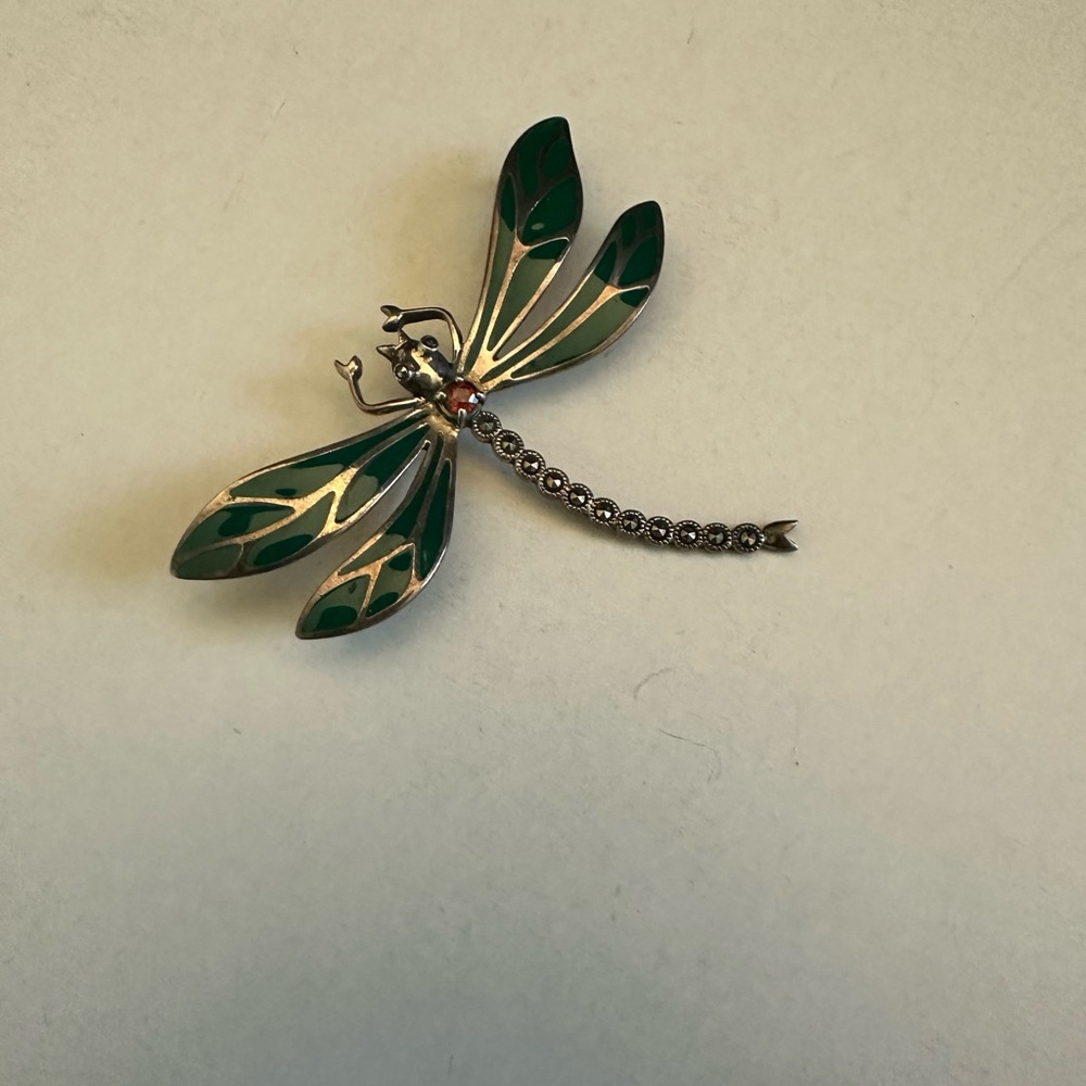 SOLD Vintage 925 Enameled Dragonfly Brooch Marcasites - Picture 2 of 6